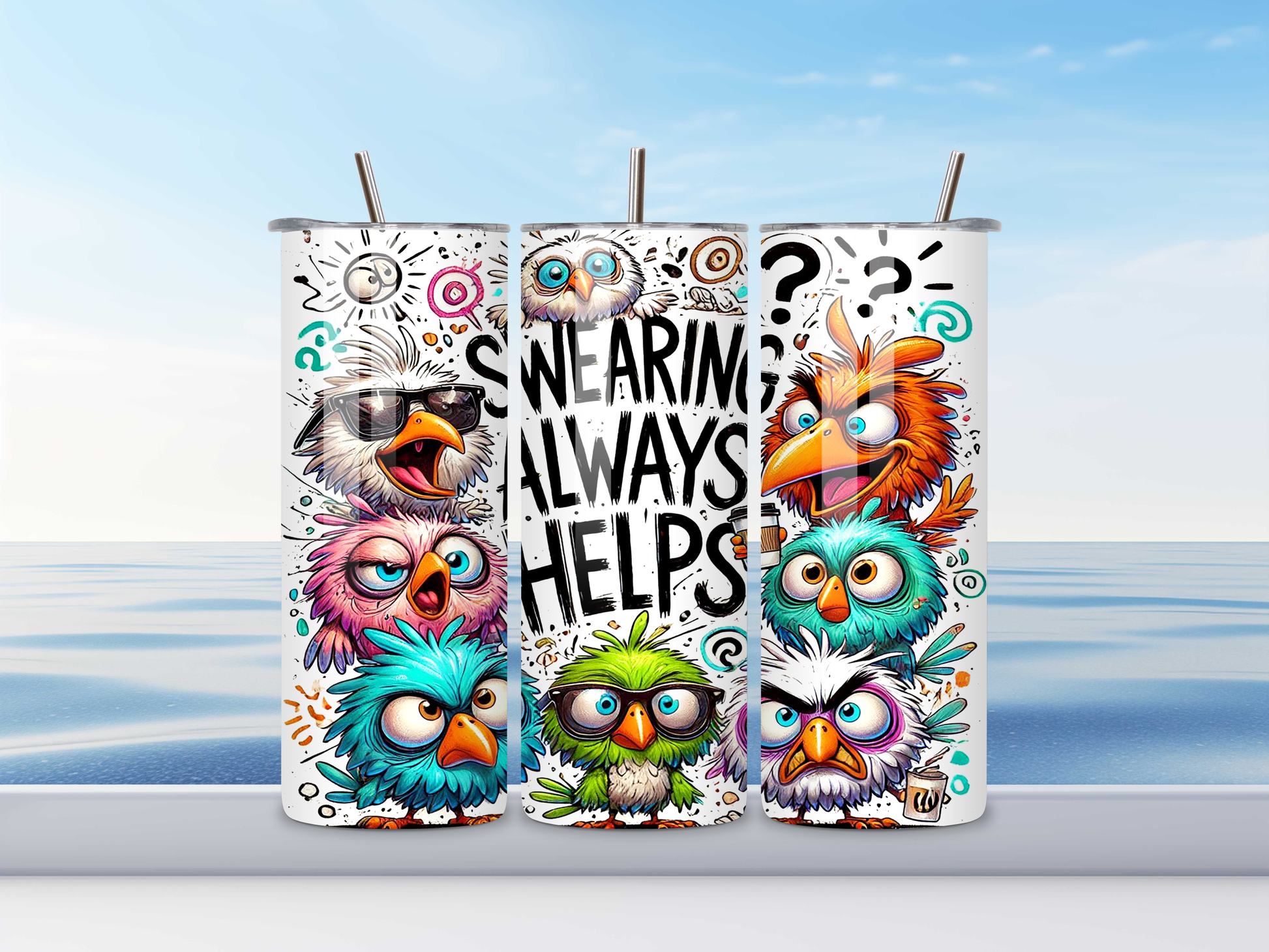 Three colorful tumbler designs with cartoon owls and text on a blue background