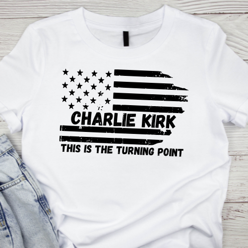Charlie Kirk distressed American flag shirt in white, flat lay