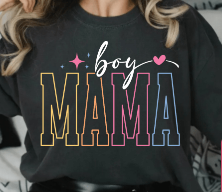 T-shirt with “Girl Mama” or “Boy Mama” text in stylish fonts, shown in multiple colors.