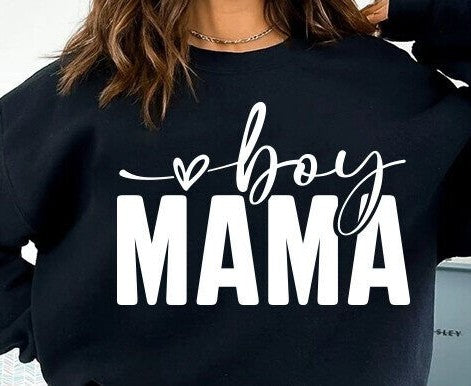 Crewneck sweatshirt with “boy MAMA” text in bold, colorful letters displayed on a neutral background.