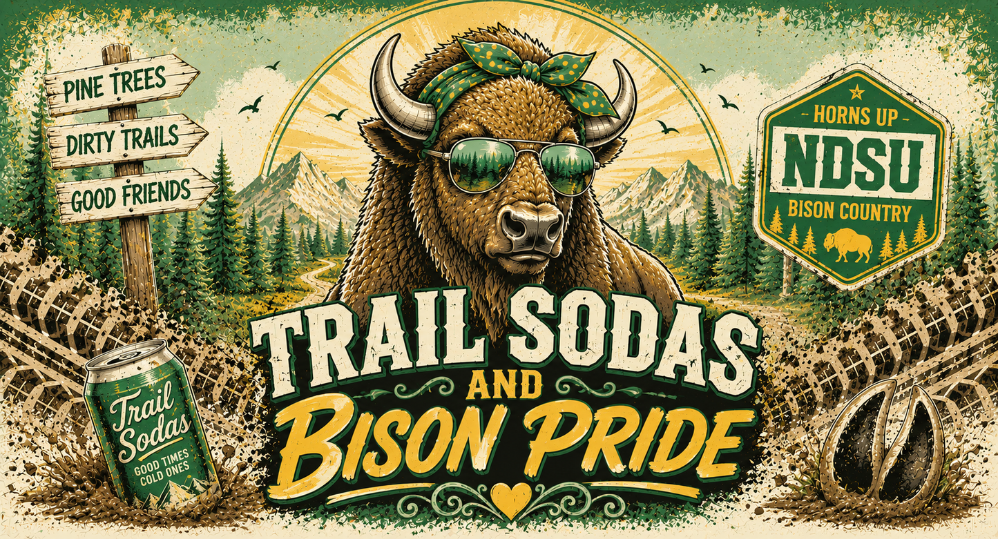 A stylized illustrated beer label or poster featuring a bison wearing green sunglasses and a green bandana, with mountains, trees, and a trail signpost in the background. Large text reads 'Trail Sodas and Bison Pride,' and a can labeled Trail Sodas appears in the lower left.