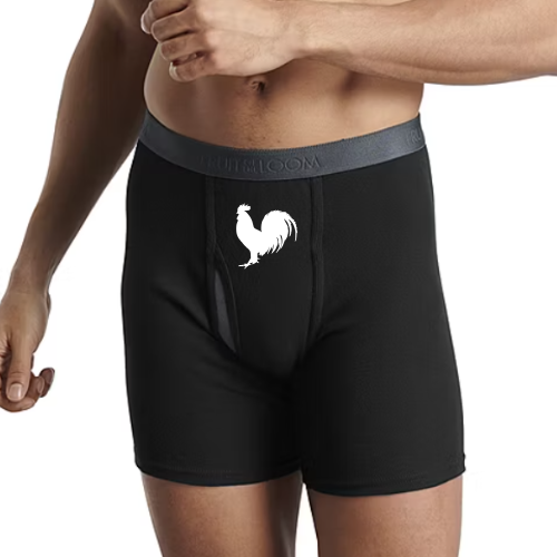 Funny rooster underwear in black boxer briefs – cock design
Men’s underwear with rooster graphic – cocky gift idea
Boxer, brief, and boxer brief styles in black or grey with rooster print