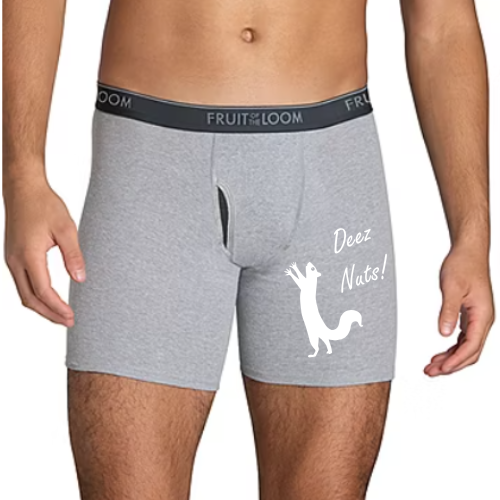Squirrel underwear that says “Deez Nuts” in black boxer briefs
Funny men’s underwear with squirrel print – Deez Nuts design
Black and grey boxer, brief, and boxer brief options with Deez Nuts squirrel
