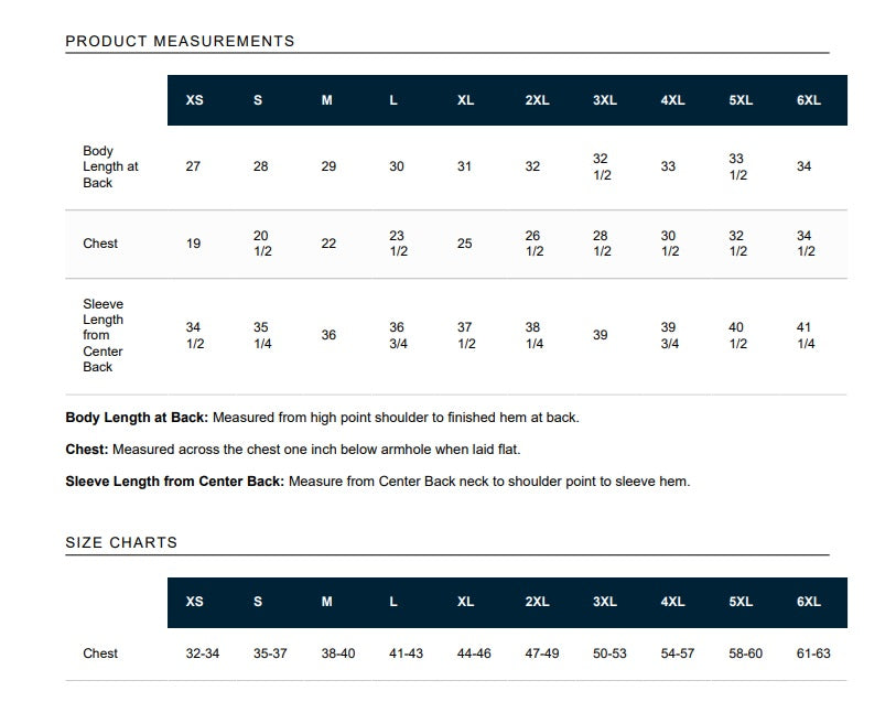 Product measurements chart for clothing with size chart at the bottom.