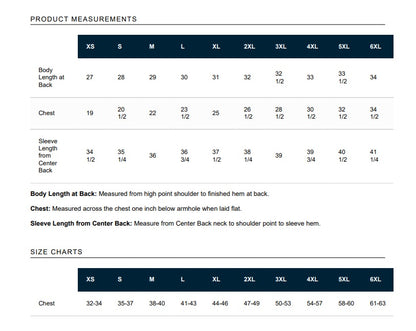 Product measurements chart for clothing with size chart at the bottom.