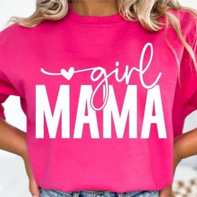Crewneck sweatshirt with "Girl Mama" printed on the front in stylish lettering, shown in cyber pink.