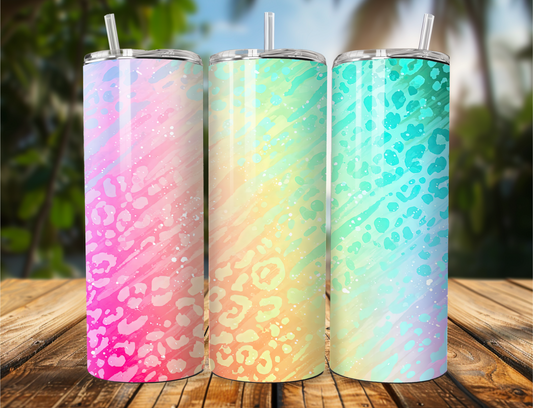 Glitter tumbler with green-to-pink ombré and leopard print pattern, available in 20oz or 30oz.