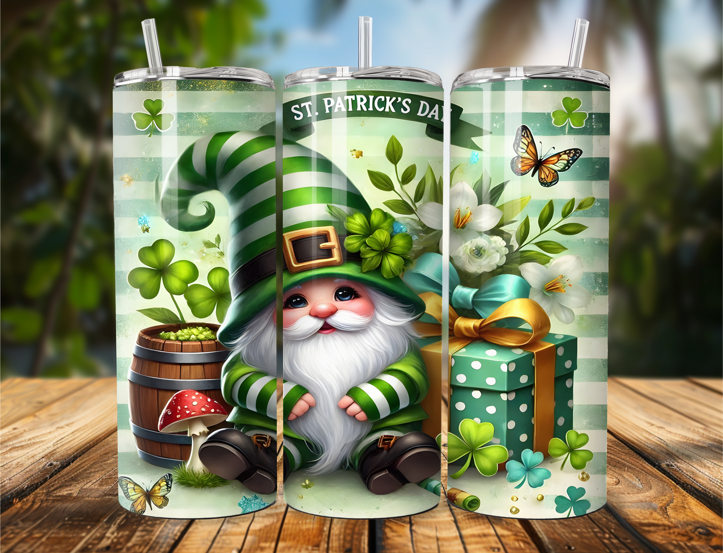 Lucky Gnome Tumbler – St. Patrick’s Day Striped Outfit & Shamrocks