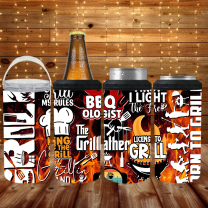 Four black insulated can coolers and a matching bottle sleeve with a white carry handle, all printed with bold BBQ-themed graphics including flames, grills, utensils, and phrases like 'BBQ OLO gist' and 'The Grillather,' shown on a wooden surface against a wood plank background with string lights.