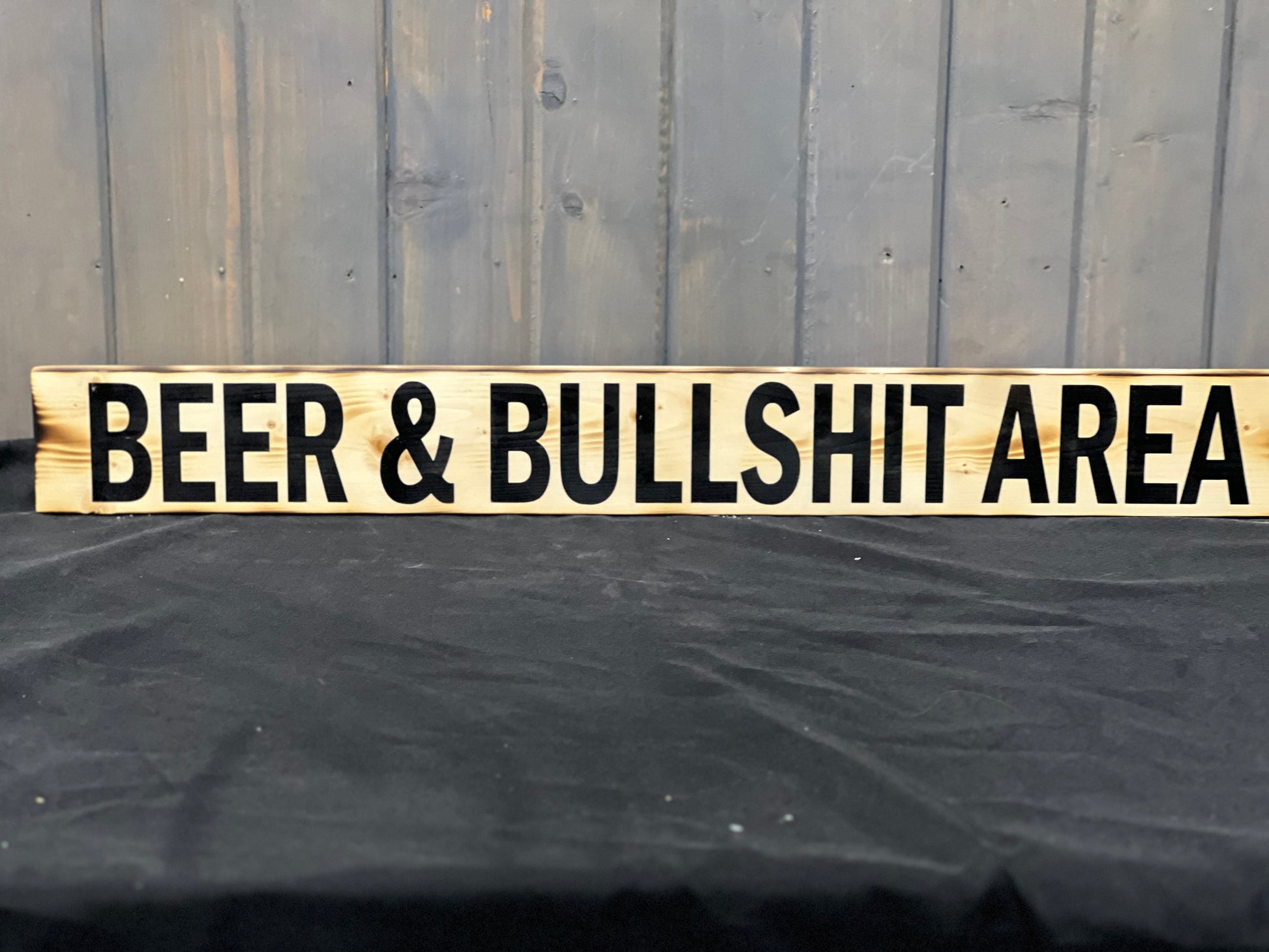 Rustic wood burned sign that says "BEER & BULLSHIT AREA" – perfect for home bars & man caves