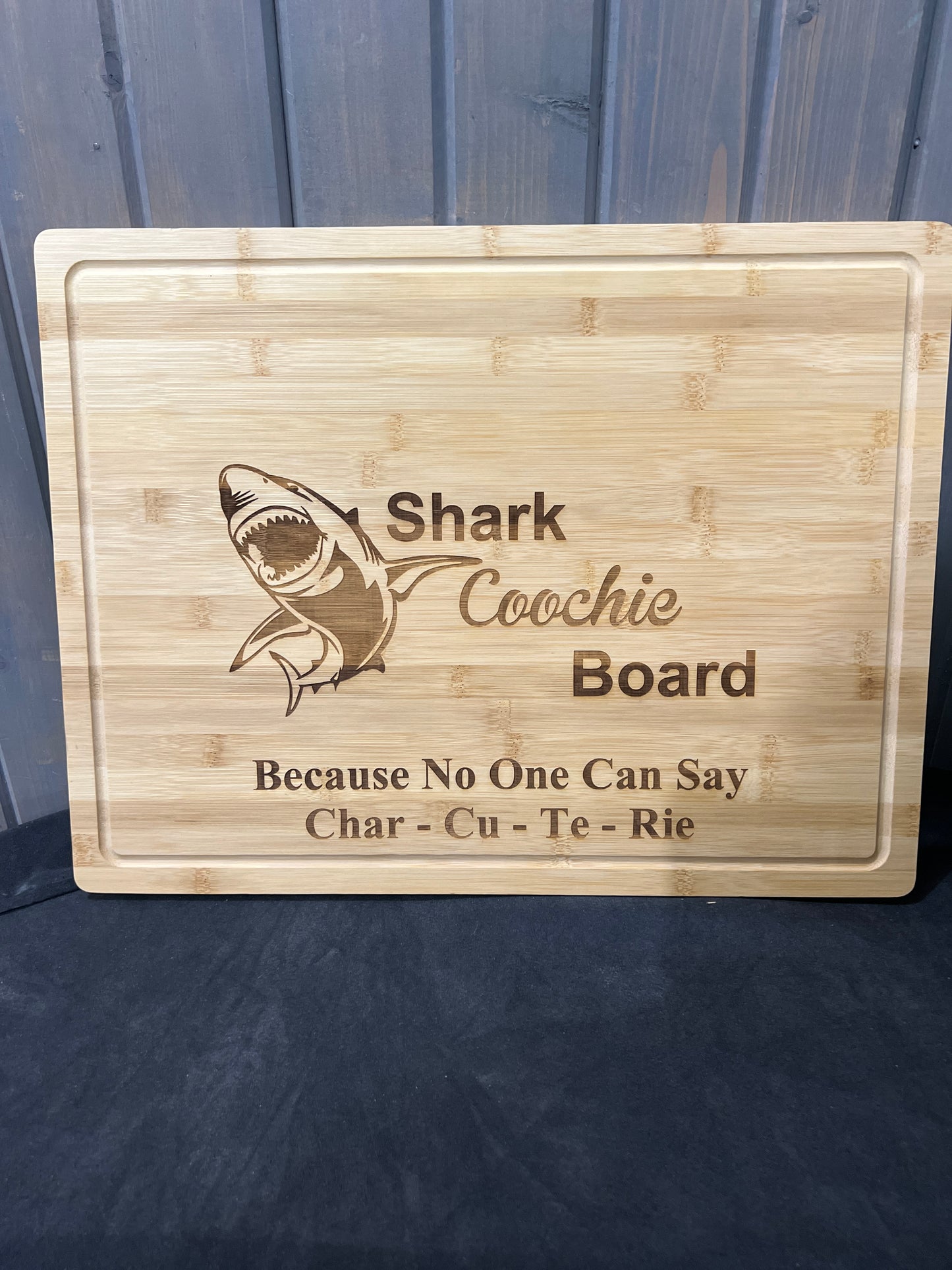Funny Shark Coochie cutting board gift for foodies, hosts, and charcuterie lovers.