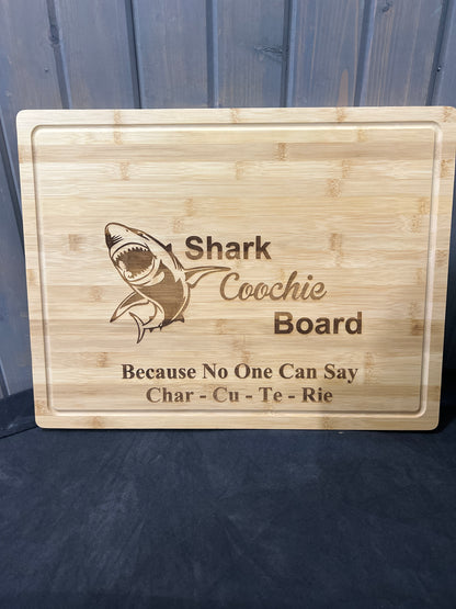 Funny Shark Coochie cutting board gift for foodies, hosts, and charcuterie lovers.