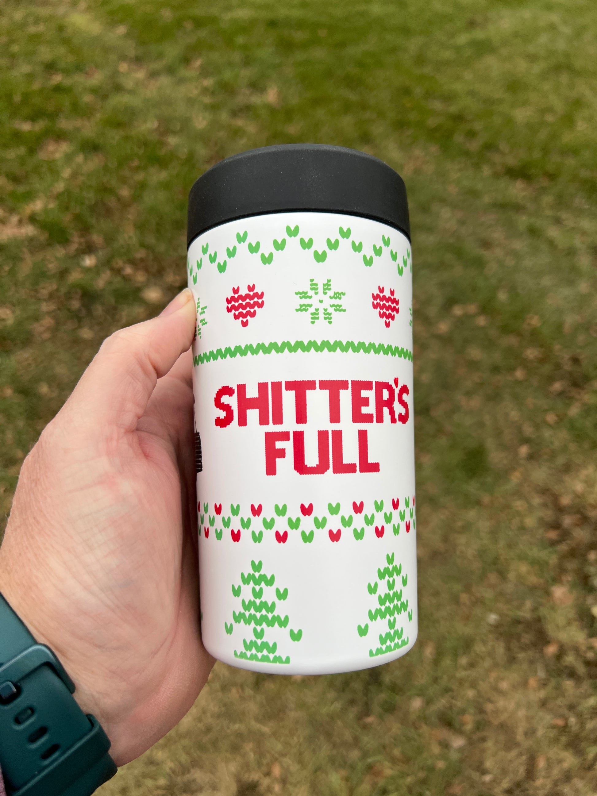 Universal Buddy 6-in-1 can cooler – Shitter’s Full Christmas design, fits 12 oz and 16 oz cans and bottles