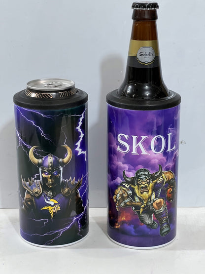 Two custom beer can coolers standing upright on a white surface against a light gray background. The left cooler is shown with a silver can inserted, and the right cooler is shown with a brown bottle inserted.