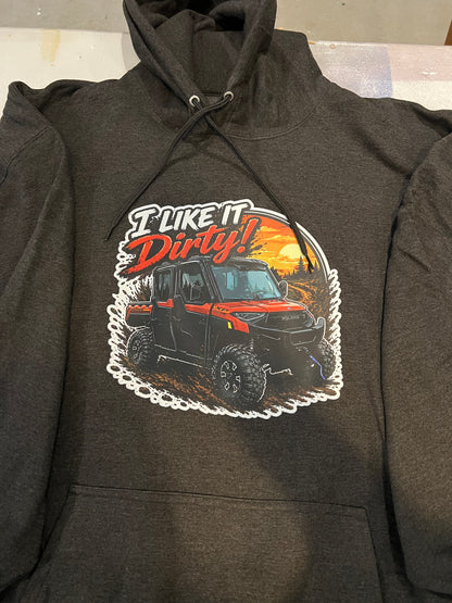 Dark gray hoodie with 'I Like It Dirty!' graphic design featuring an off-road vehicle.