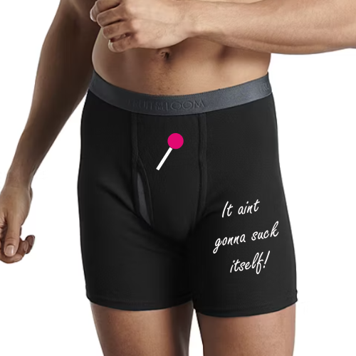 Underwear with sucker lollipop and “It Ain’t Gonna Suck Itself” text
Black boxer briefs with funny sucker design – adult gag gift
Cheeky men’s underwear in black or grey with lollipop print