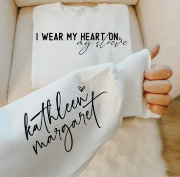 Personalized I Wear My Heart on My Sleeve sweatshirt – custom crewneck with kids’ or grandkids’ names.