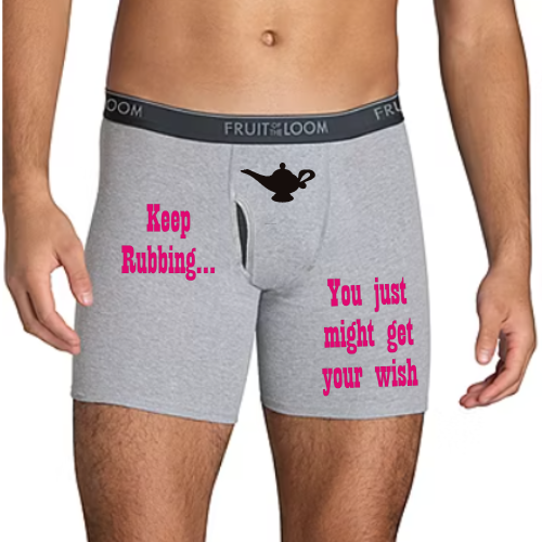 Genie lamp underwear with “Keep Rubbing” phrase – black boxer briefs
Funny men’s underwear with genie lamp and snarky saying
Black and grey underwear with adult humor design