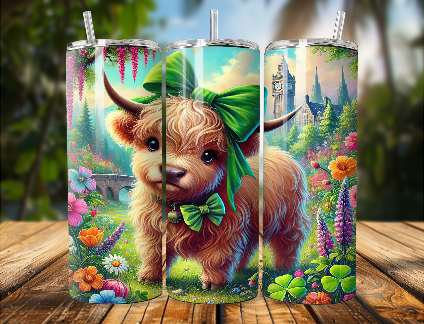 Highland Cow Tumbler – Cute Cow with Bow & Castle Background