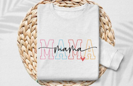 "Mama crewneck sweatshirt with colorful block letters and black cursive on white background"