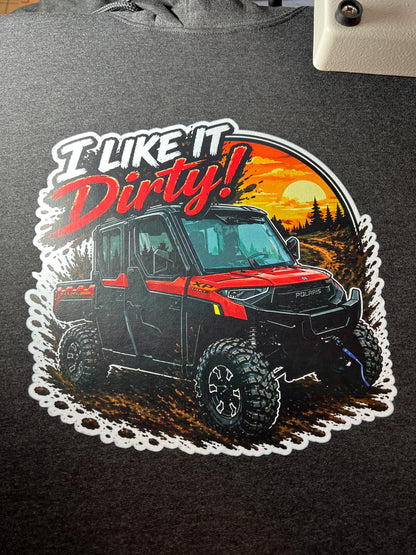 T-shirt with off-road vehicle graphic and 'I Like It Dirty!' text on a dark background