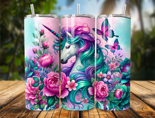 Colorful tumbler with a unicorn design in shades of pink, purple, and teal, available in 20oz or 30oz.