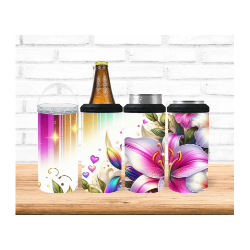 Four slim can coolers with colorful floral and abstract prints, shown with a beer bottle and a can on a wooden surface against a white brick wall background.