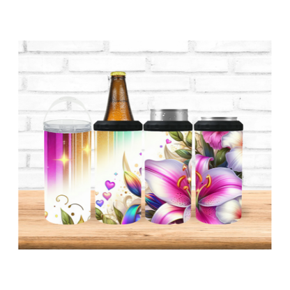 Four slim can coolers with colorful floral and abstract prints, shown with a beer bottle and a can on a wooden surface against a white brick wall background.