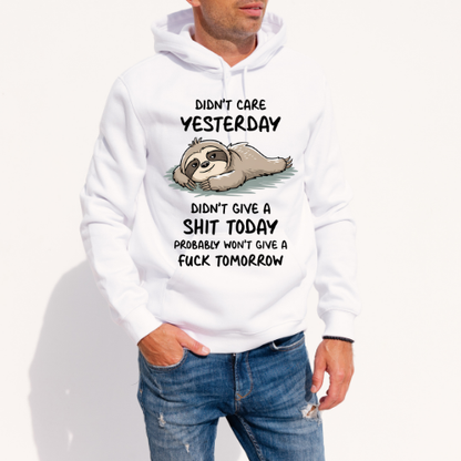 White hoodie with a sloth graphic and text on a white background