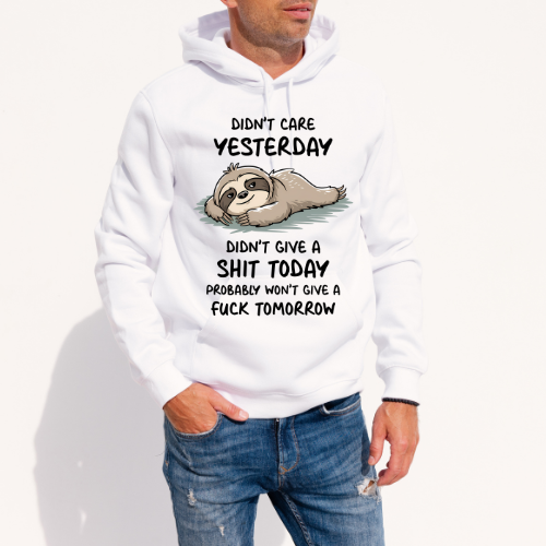 White hoodie with a sloth graphic and text on a white background