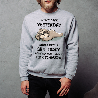 Person wearing a gray sweatshirt with a sloth graphic and text against a gray background