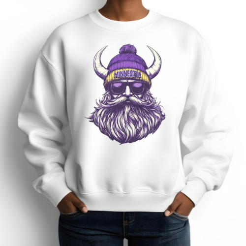 White sweatshirt with a graphic design of a bearded figure wearing sunglasses and a Minnesota Vikings beanie.