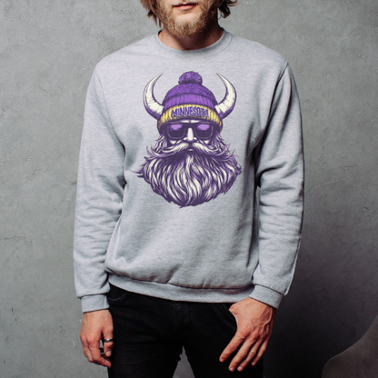Minnesota bearded Norse football design sweatshirt in white with purple and gold graphic