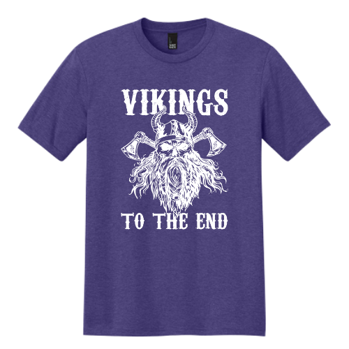 Purple t-shirt with white Viking design and text on a white background