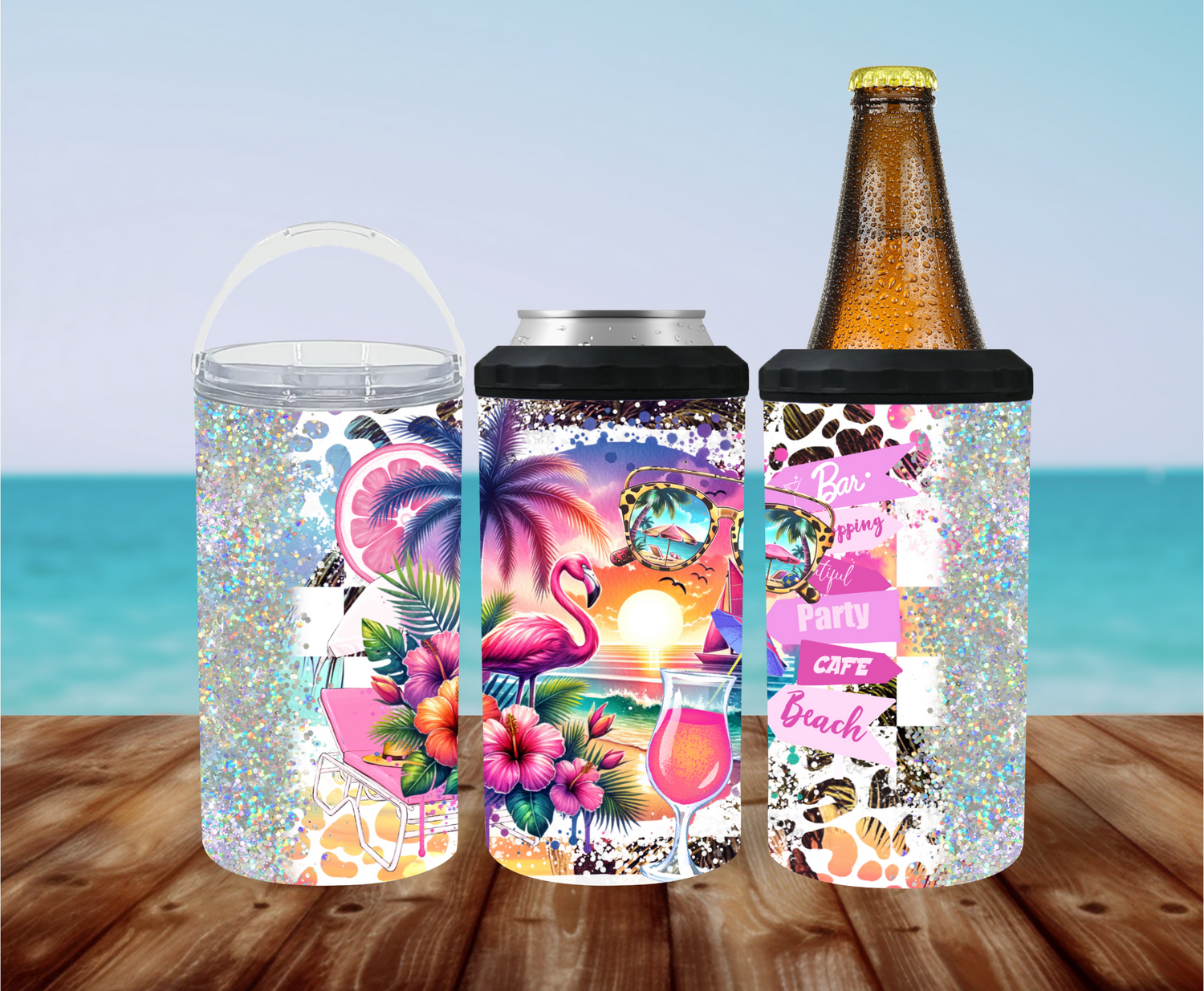 4-in-1 stainless steel cooler with sunglasses, flamingo, wine glass, orange slice, palm tree, and flowers on glitter and cheetah print background.