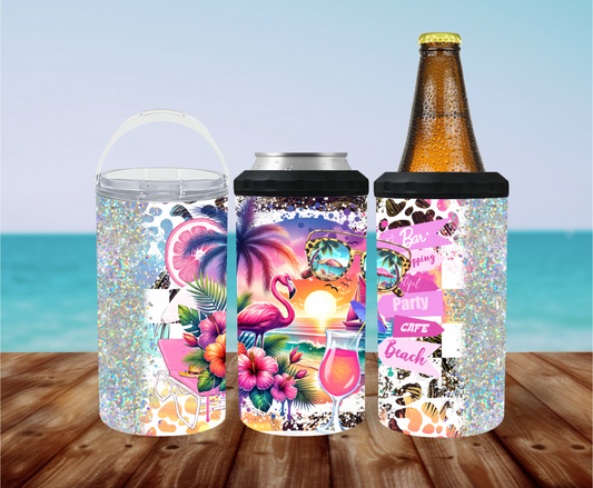4-in-1 stainless steel cooler with sunglasses, flamingo, wine glass, orange slice, palm tree, and flowers on glitter and cheetah print background.
