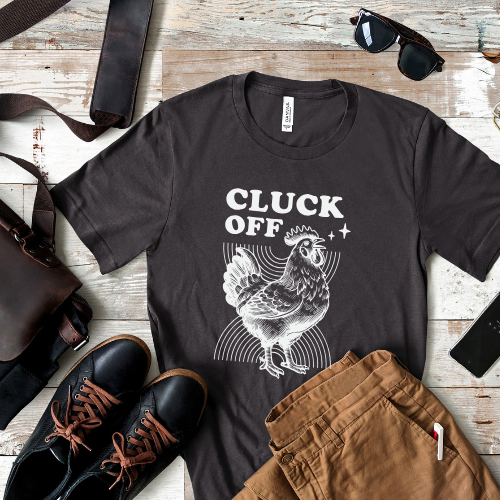 Funny rooster t-shirt with "Cluck Off" text – a bold crowing farm animal design