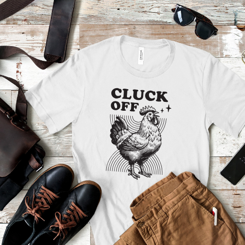 Funny rooster t-shirt with "Cluck Off" text – a bold crowing farm animal design