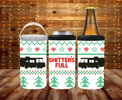 Three can coolers with Christmas-themed designs and a bottle on a wooden surface.