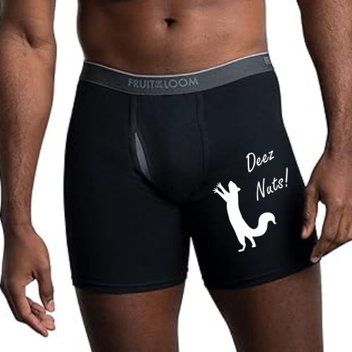 Squirrel underwear that says “Deez Nuts” in black boxer briefs
Funny men’s underwear with squirrel print – Deez Nuts design
Black and grey boxer, brief, and boxer brief options with Deez Nuts squirrel