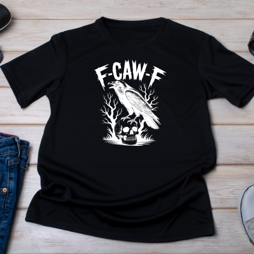 Model wearing F-CAW-F crow skull shirt in black