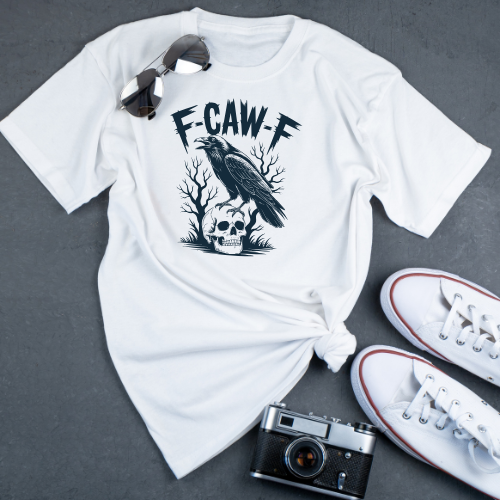 Unisex F-CAW-F crow and skull graphic t-shirt, flat lay
