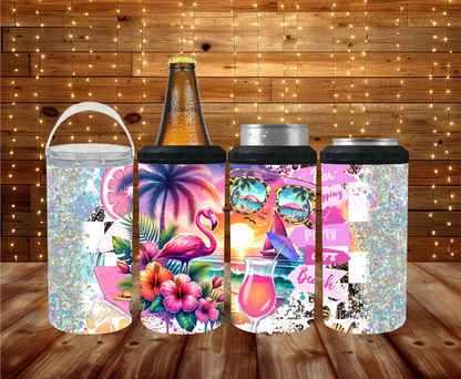 Tropical glitter and cheetah print 4-in-1 cooler with flamingo and palm tree design.