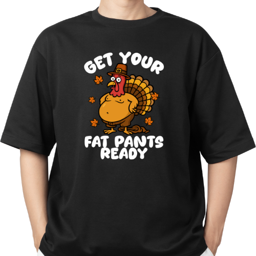Black t-shirt with a cartoon turkey and text on a white background