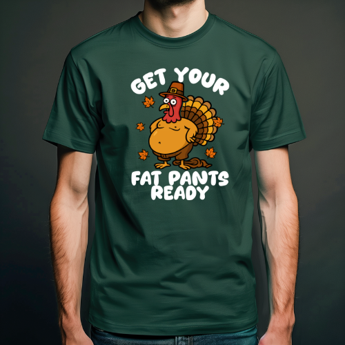 Green t-shirt with a cartoon turkey and text on a dark background