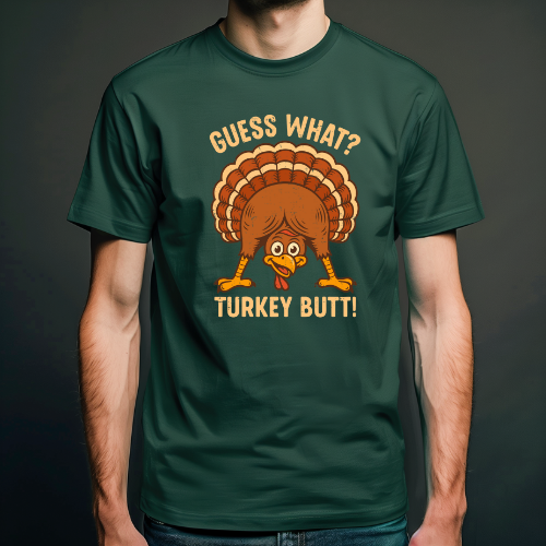 Green t-shirt with a cartoon turkey and text on a dark background