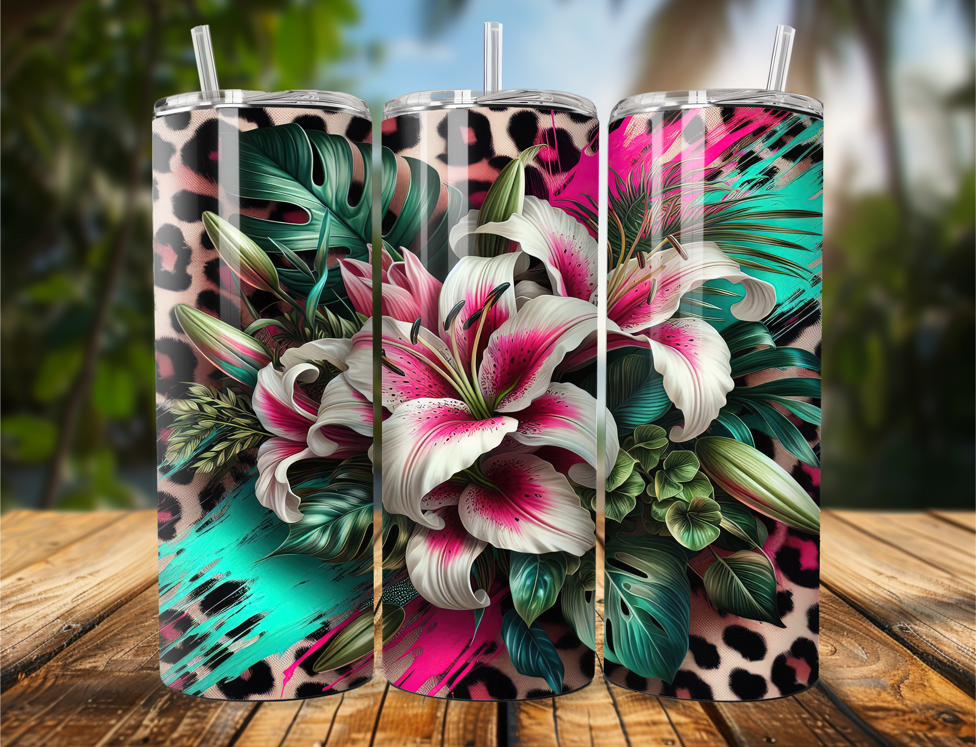 "Tumbler featuring white lilies and pink floral accents over a leopard print background. Available in 20oz or 30oz sizes."