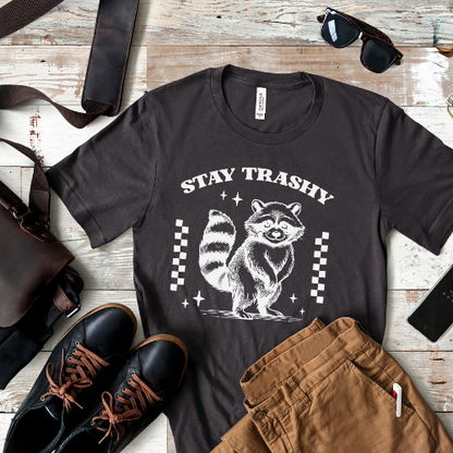 Funny raccoon t-shirt with "Stay Trashy" text – a cute & mischievous trash panda design