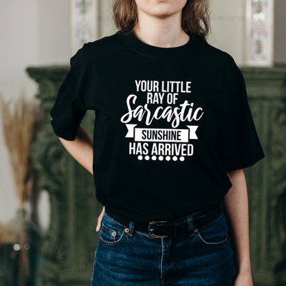 Close-up of funny sarcastic quote t-shirt in unisex fit.